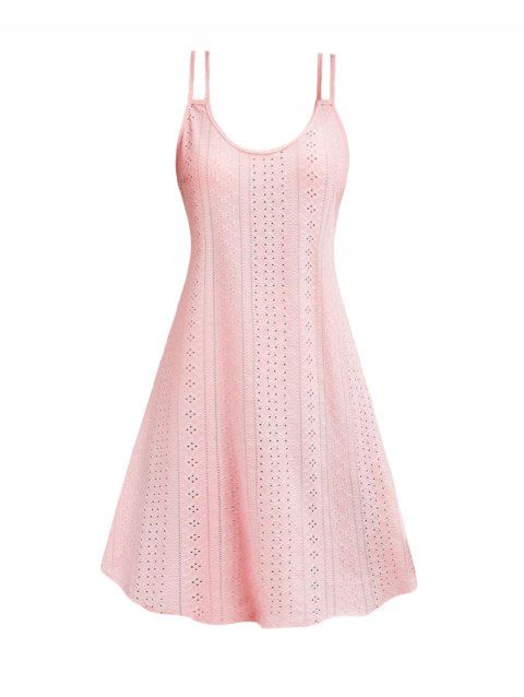 Plain Color Eyelet Hollow Out Dual Strap Round Neck Curved Hem A Line Mini Dress