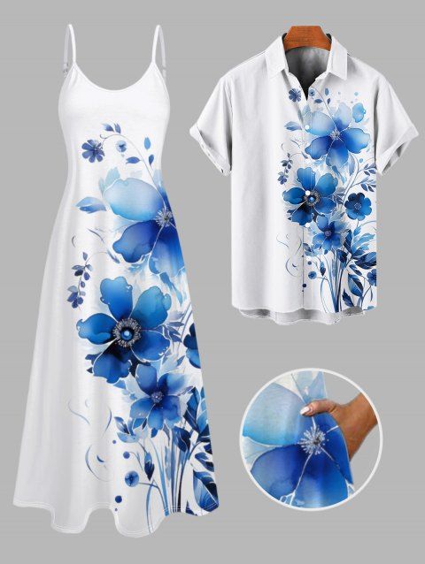 Vacation Couple Outfit Watercolor Leaf Floral Print Spaghetti Strap A Line Long Dress and Roll Up Sleeve Button Up Shirt Matching Outfit