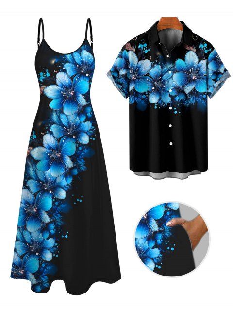 Vacation Couple Outfit Dots Floral Pattern Spaghetti Strap A Line Tank Dress and Roll Up Sleeve Shirt Matching Outfit