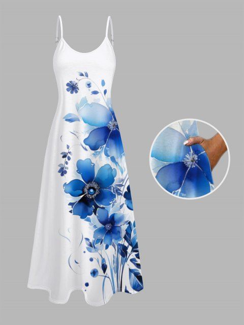 Watercolor Leaf Floral Print Spaghetti Strap Vacation Dress Pocket Long A Line Dress