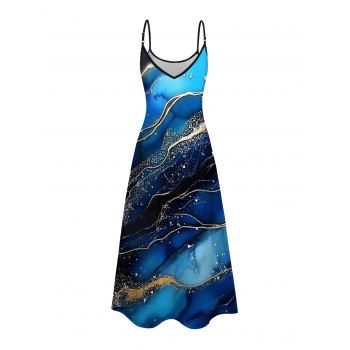 Colorblock Marble Printed Vacation Dress Spaghetti Strap A Line Casual Tank Dress