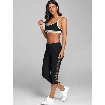 Casual Outfit Plaid Pattern Lattice Strap Mock Button Asymmetrical Hem Faux Twinset T Shirt and Lace Up Solid Color Capri Leggings Two Piece Outfit