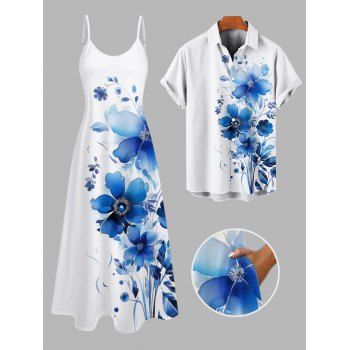 Vacation Couple Outfit Watercolor Leaf Floral Print Spaghetti Strap A Line Long Dress and Roll Up Sleeve Button Up Shirt Matching Outfit