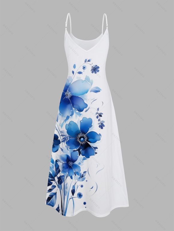 Vacation Couple Outfit Watercolor Leaf Floral Print Spaghetti Strap A Line Long Dress and Roll Up Sleeve Button Up Shirt Matching Outfit - Blanc S | US 4