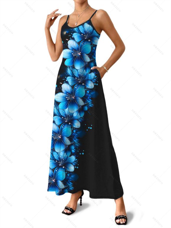 Vacation Couple Outfit Dots Floral Pattern Spaghetti Strap A Line Tank Dress and Roll Up Sleeve Shirt Matching Outfit - Noir S | US 4