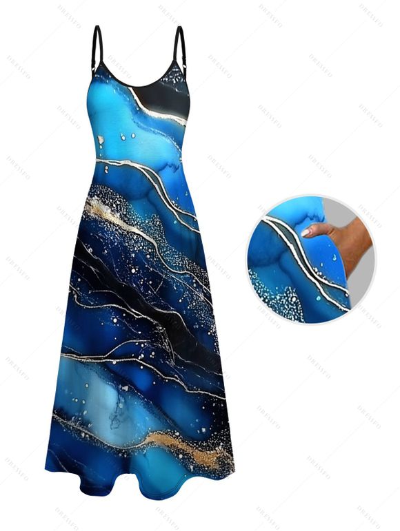 Vacation Couple Outfit Colorblock Marble Printed Spaghetti Strap A Line Tank Dress and Roll Up Sleeve Shirt Matching Outfit - Bleu profond S | US 4