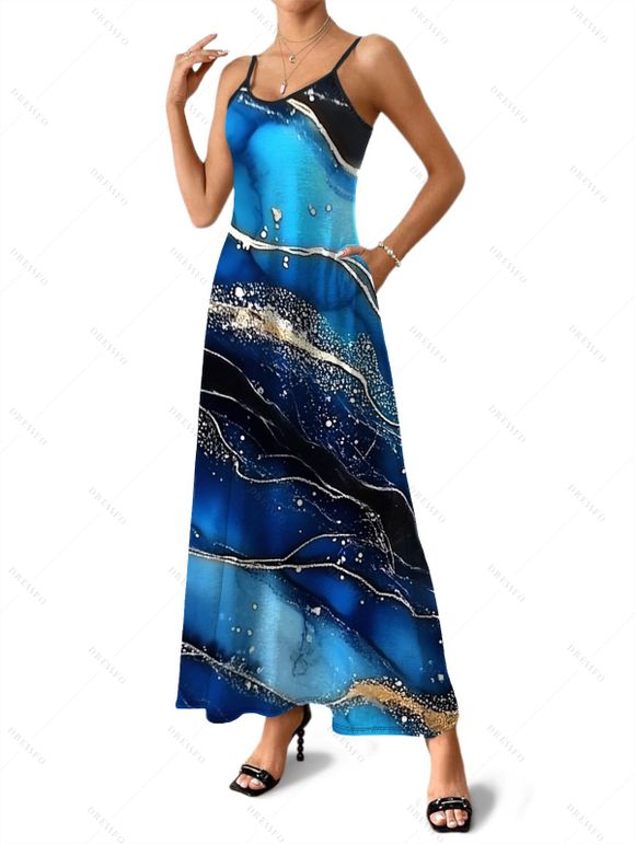 Vacation Couple Outfit Colorblock Marble Printed Spaghetti Strap A Line Tank Dress and Roll Up Sleeve Shirt Matching Outfit - Bleu profond S | US 4