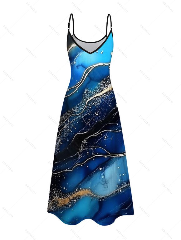 Vacation Couple Outfit Colorblock Marble Printed Spaghetti Strap A Line Tank Dress and Roll Up Sleeve Shirt Matching Outfit - Bleu profond S | US 4