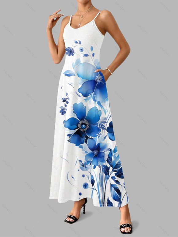 Robe Ligne A à Bretelle Fine Feuille Fleurie Imprimée avec Poche - Blanc XL | US 12