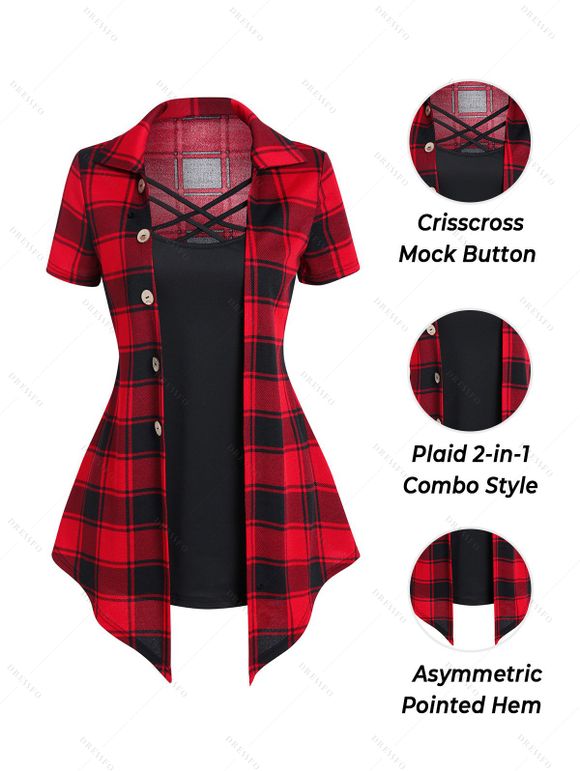 Casual Outfit Plaid Pattern Lattice Strap Mock Button Asymmetrical Hem Faux Twinset T Shirt and Lace Up Solid Color Capri Leggings Two Piece Outfit - Noir S | US 4
