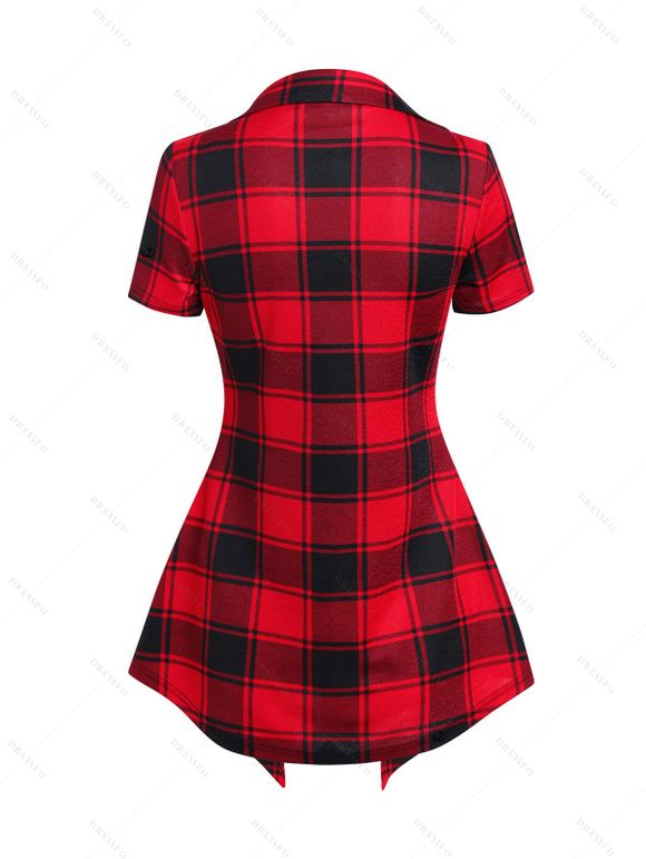 Casual Outfit Plaid Pattern Lattice Strap Mock Button Asymmetrical Hem Faux Twinset T Shirt and Lace Up Solid Color Capri Leggings Two Piece Outfit - Noir S | US 4