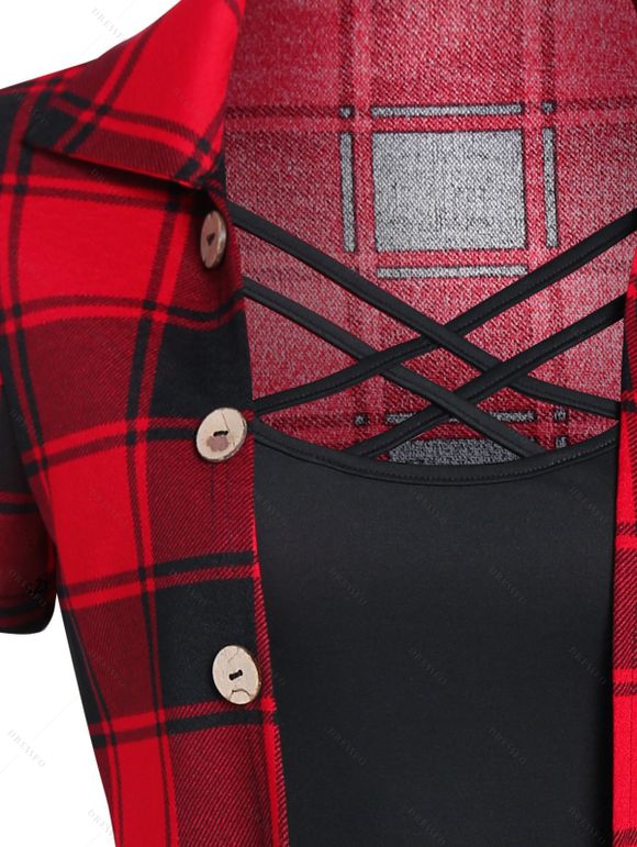 Casual Outfit Plaid Pattern Lattice Strap Mock Button Asymmetrical Hem Faux Twinset T Shirt and Lace Up Solid Color Capri Leggings Two Piece Outfit - Noir S | US 4