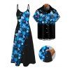 Vacation Couple Outfit Dots Floral Pattern Spaghetti Strap A Line Tank Dress and Roll Up Sleeve Shirt Matching Outfit - Noir S | US 4