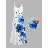 Vacation Couple Outfit Watercolor Leaf Floral Print Spaghetti Strap A Line Long Dress and Roll Up Sleeve Button Up Shirt Matching Outfit - Blanc S | US 4