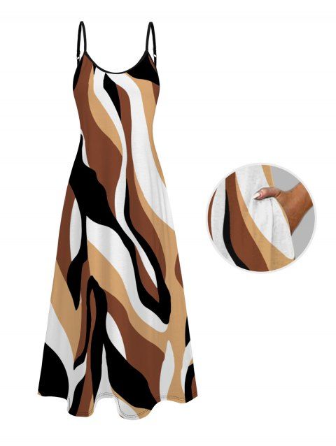 Robe Ligne A Longue Géométrique Colorée Imprimée avec Poche à Bretelle Fine