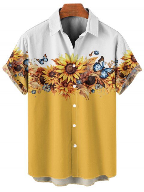 Chemise de Vacances en Couleur Contrastée Motif de Tournesol Boutonnée à Manches Roulées pour Homme