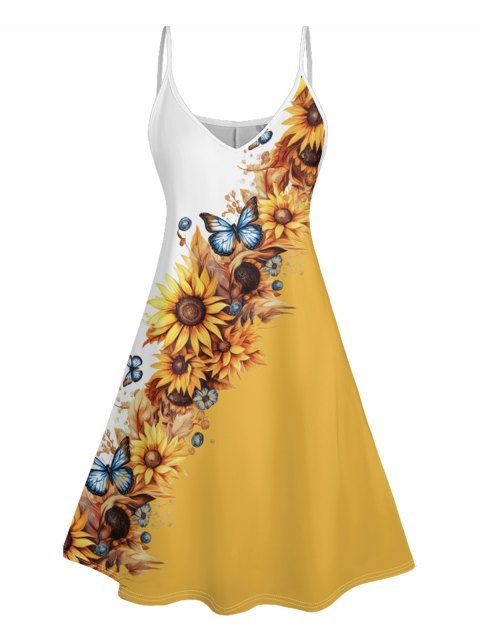 Robe Ligne A à Bretelle Fine Motif de Tournesol en Couleur Contrastée à Col V