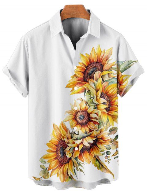 Chemise de Vacances Fleur Feuille Imprimées Boutonnée à Manches Roulées