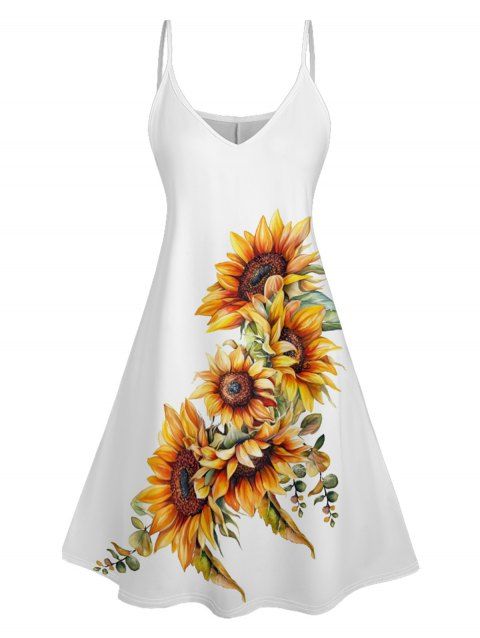 Robe Ligne A à Bretelle Fine Motif de Tournesol et de Feuille