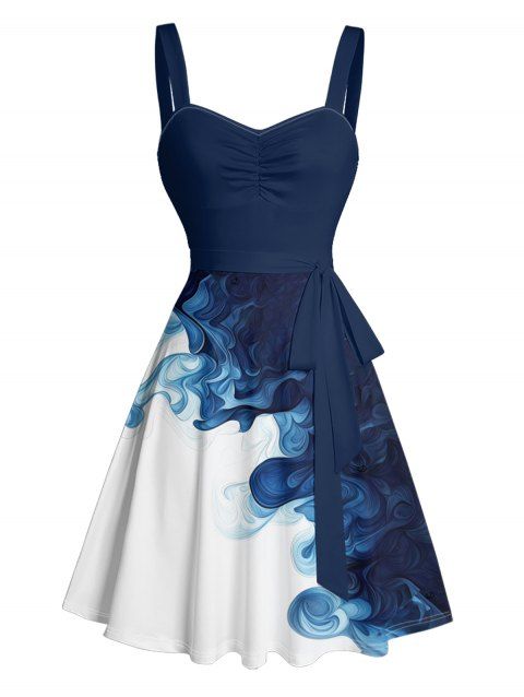 Ombre Wave Pattern Ruched Bust Belt Vacation Dress Sweetheart Neck A Line Mini Dress