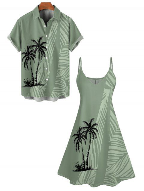 Hawaii Couple Outfit Coconut Tree Leaf Pattern Spaghetti Strap A Line Mini Tank Dress and Roll Up Sleeve Shirt Beach Outfit