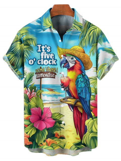 Chemise de Vacances Feuille et Slogan Tropical Imprimé Boutonnée à Manches Roulées