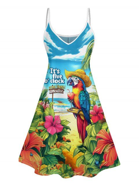 Robe de Vacances Ligne A à Bretelle Fine Motif de Perroquet et de Feuille Tropicale