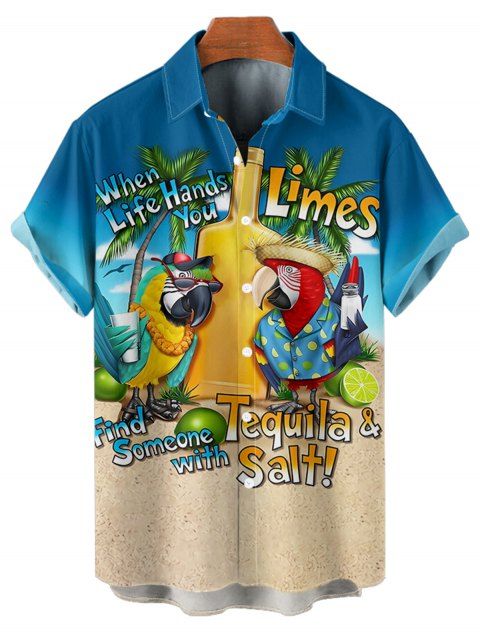 Chemise de Plage et Bouteille D'Arbre Noix de Coco Hawaii Boutonné Imprimé à Manches Roulées Homme