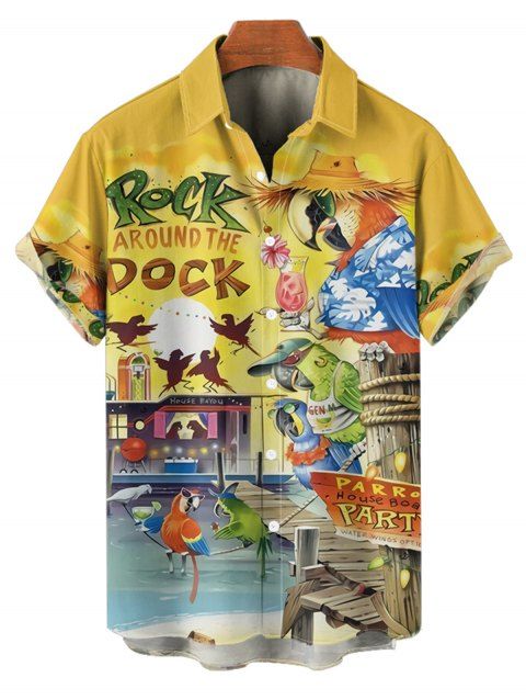 Chemise de Plage Perroquet Bouclé Imprimé Boutonnée à Manches Roulées pour Homme