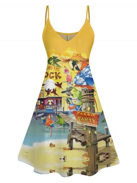 Mini Robe de Plage à Bretelle Fine Perroquet Imprimée