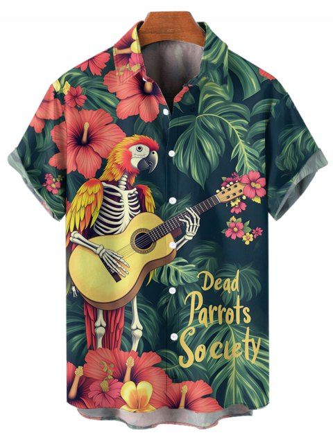 Chemise de Vacances à Motif Guitare Feuille Tropicale à Manches Roulées