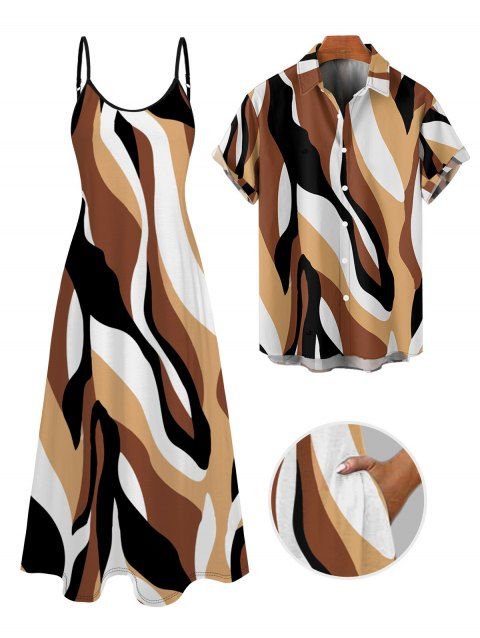 Casual Couple Outfit Colored Geometric Textured Printed Spaghetti Strap Pocket A Line Long Dress and Roll Up Sleeve Shirt Two Piece Set