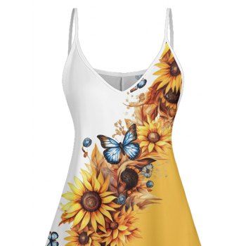 Contrast Color Butterfly Sunflower Pattern Spaghetti Strap Vacation Dress V Neck A Line Tank Dress