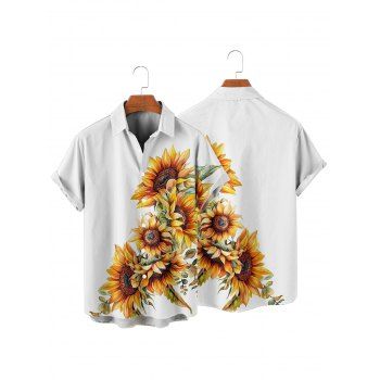 Casual Couple Outfit Leaf Sunflower Pattern Spaghetti Strap A Line Tank Dress and Roll Up Sleeve Shirt Two Piece Set