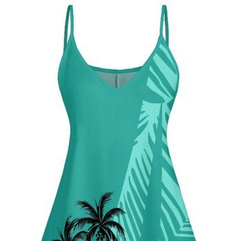 Coconut Tree Leaf Pattern Hawaii Dress Spaghetti Strap A Line Mini Vacation Tank Dress