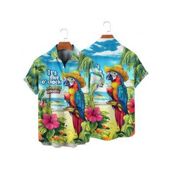 Casual Couple Outfit Tropical Wave Leaf Floral Slogan Parrot Pattern Spaghetti Strap A Line Tank Dress and Roll Up Sleeve Shirt Two Piece Set