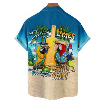 Vacation Couple Outfit Beach Landscape Coconut Tree Slogan Parrot Beer Bottle Pattern Spaghetti Strap A Line Tank Dress and Roll Up Sleeve Shirt Hawaii Outfit