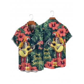 Vacation Couple Outfit Tropical Leaf Floral Slogan Skeleton Parrot Guitar Pattern Spaghetti Strap A Line Tank Dress and Roll Up Sleeve Shirt Two Piece Set