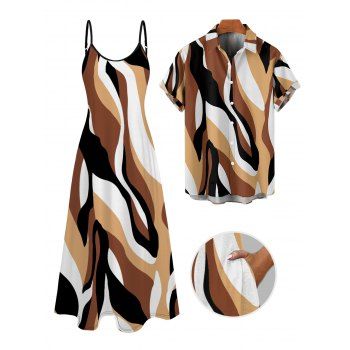 Casual Couple Outfit Colored Geometric Textured Printed Spaghetti Strap Pocket A Line Long Dress and Roll Up Sleeve Shirt Two Piece Set