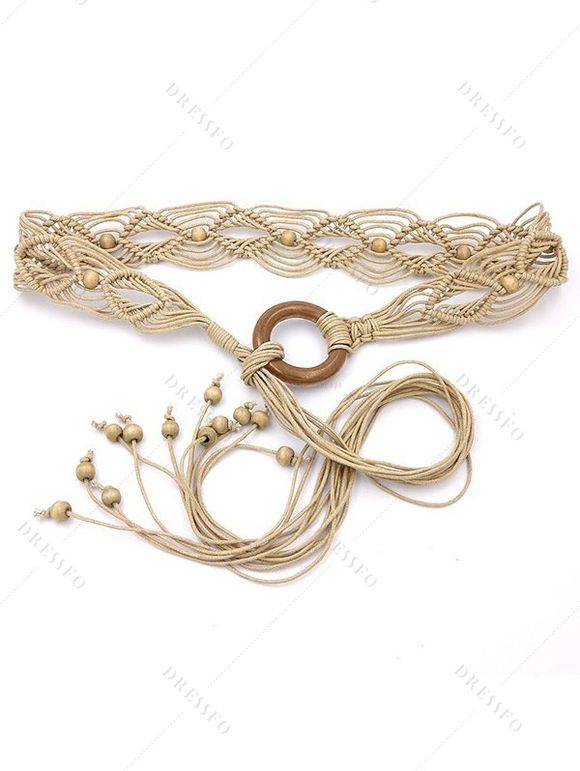 Ceinture Elégante Style Ethnique Tressée Perle en O à Frange - Blanc de Crème 