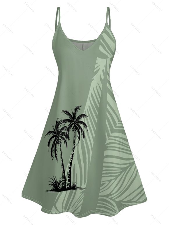 Hawaii Couple Outfit Coconut Tree Leaf Pattern Spaghetti Strap A Line Mini Tank Dress and Roll Up Sleeve Shirt Beach Outfit - Vert clair S | US 4