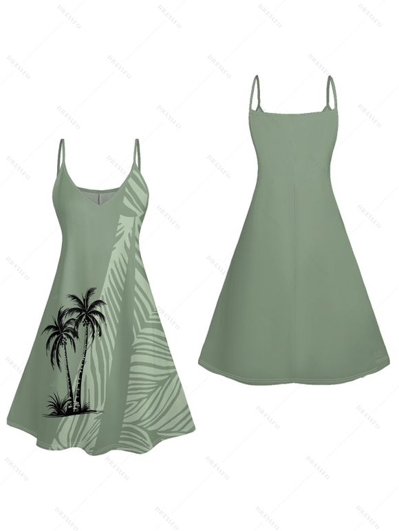 Hawaii Couple Outfit Coconut Tree Leaf Pattern Spaghetti Strap A Line Mini Tank Dress and Roll Up Sleeve Shirt Beach Outfit - Vert clair S | US 4