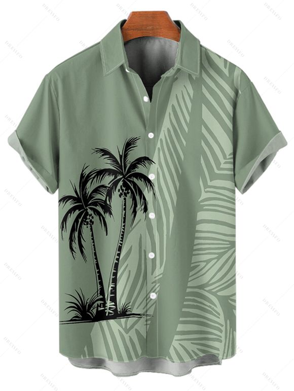Hawaii Couple Outfit Coconut Tree Leaf Pattern Spaghetti Strap A Line Mini Tank Dress and Roll Up Sleeve Shirt Beach Outfit - Vert clair S | US 4