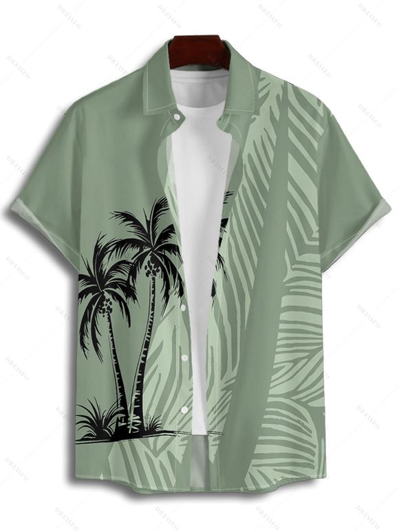 Hawaii Couple Outfit Coconut Tree Leaf Pattern Spaghetti Strap A Line Mini Tank Dress and Roll Up Sleeve Shirt Beach Outfit - Vert clair S | US 4