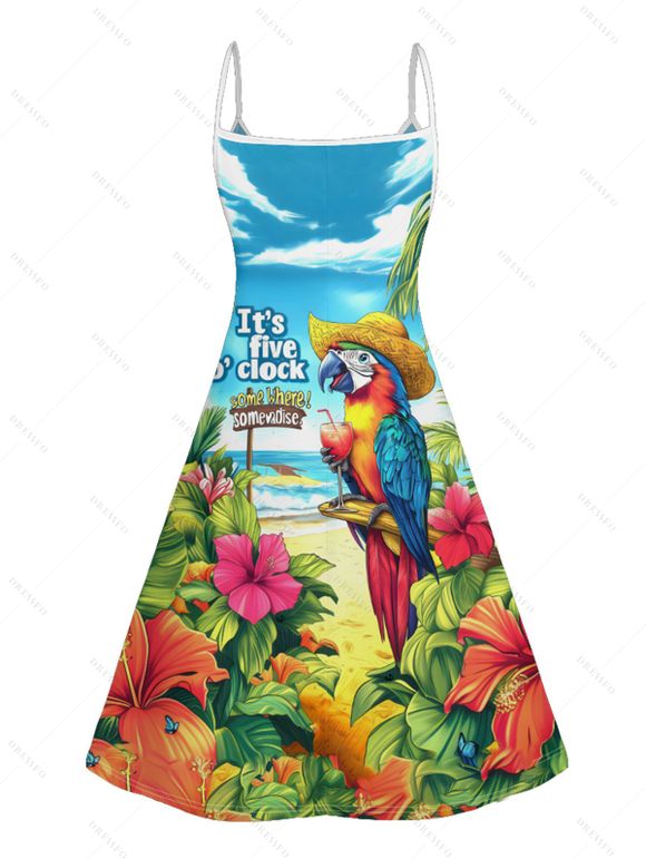 Robe de Vacances Ligne A à Bretelle Fine Motif de Perroquet et de Feuille Tropicale - Bleu clair L | US 8-10