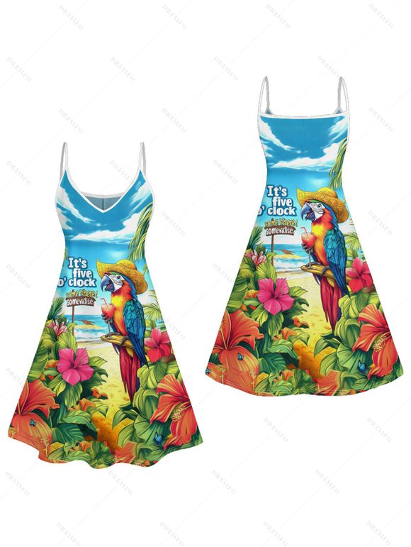 Robe de Vacances Ligne A à Bretelle Fine Motif de Perroquet et de Feuille Tropicale - Bleu clair L | US 8-10