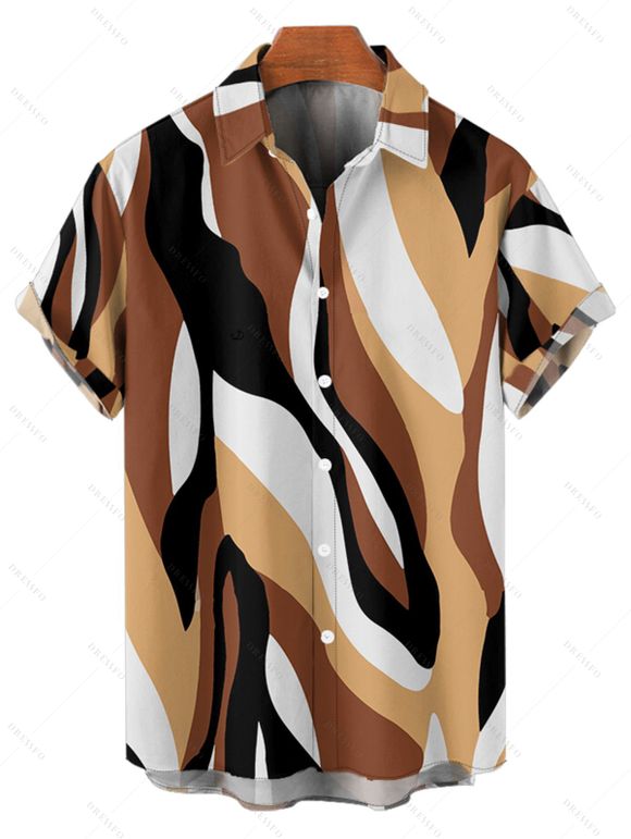 Casual Couple Outfit Colored Geometric Textured Printed Spaghetti Strap Pocket A Line Long Dress and Roll Up Sleeve Shirt Two Piece Set - café S | US 4