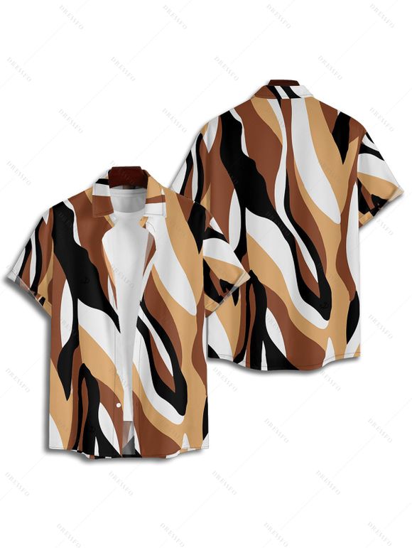 Casual Couple Outfit Colored Geometric Textured Printed Spaghetti Strap Pocket A Line Long Dress and Roll Up Sleeve Shirt Two Piece Set - café S | US 4