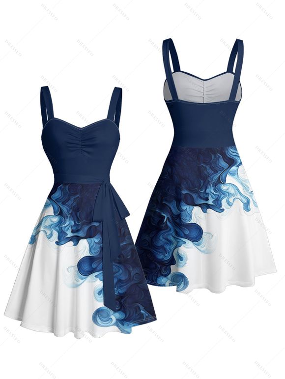 Mini Robe de Vacances Ligne A Ombrée Motif de Vague Ceinturée Au Poitrine à Volants - Bleu profond XXL | US 14