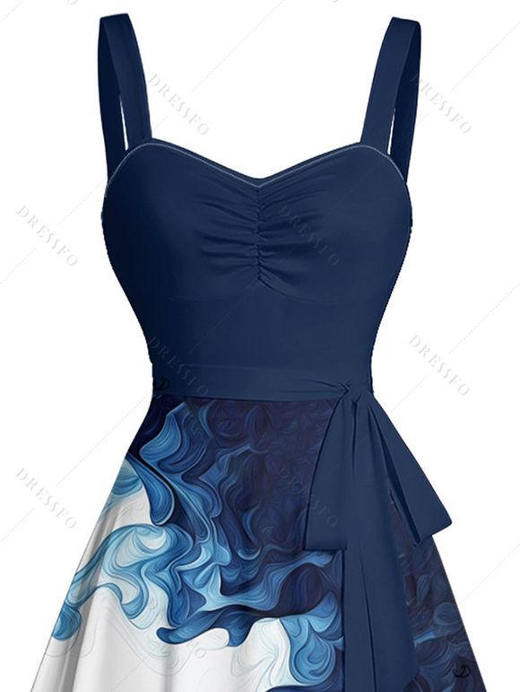 Mini Robe de Vacances Ligne A Ombrée Motif de Vague Ceinturée Au Poitrine à Volants - Bleu profond XXL | US 14